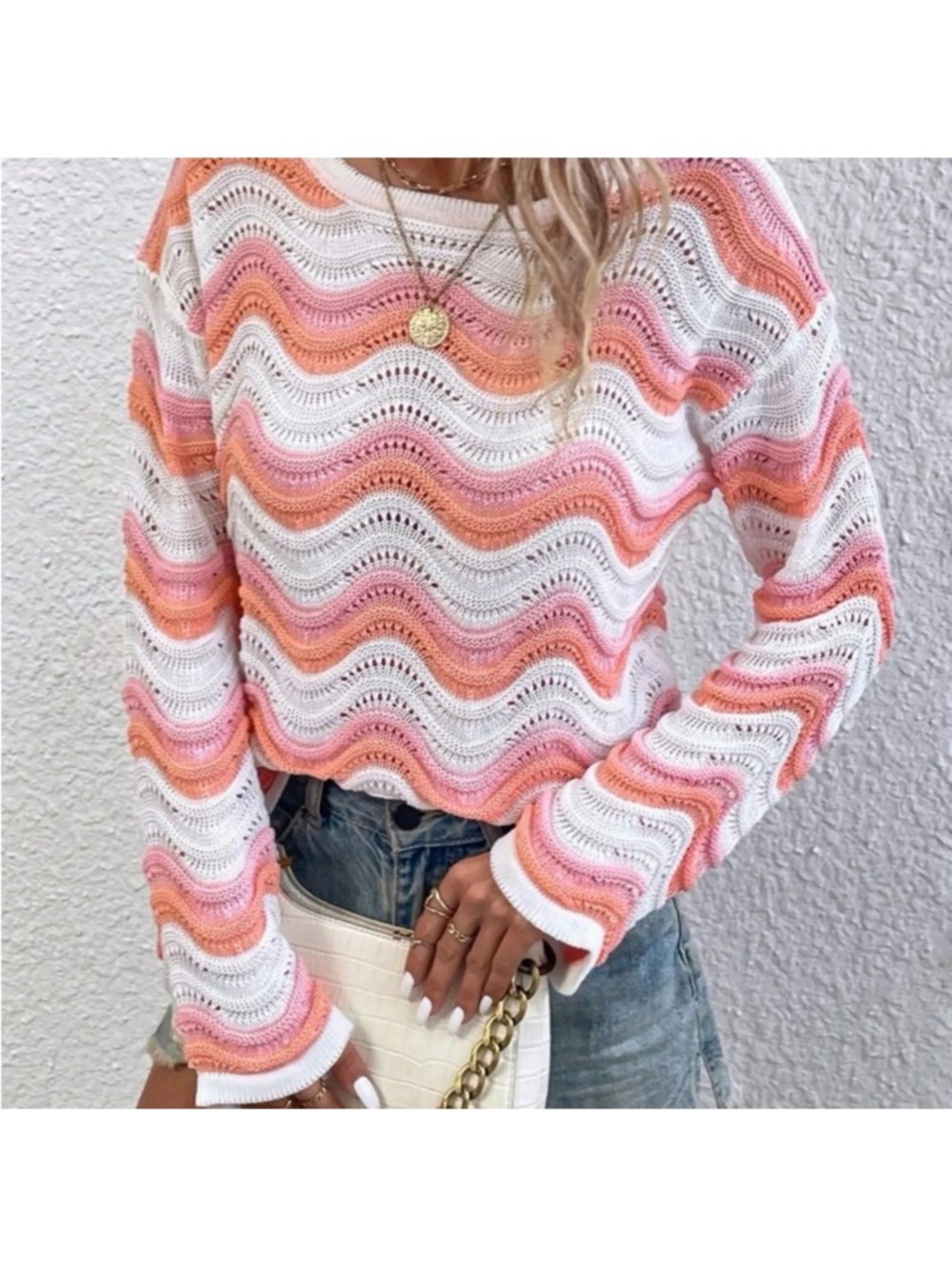 NWT Striped Wave Knit Sweater in White, Peach & Pink